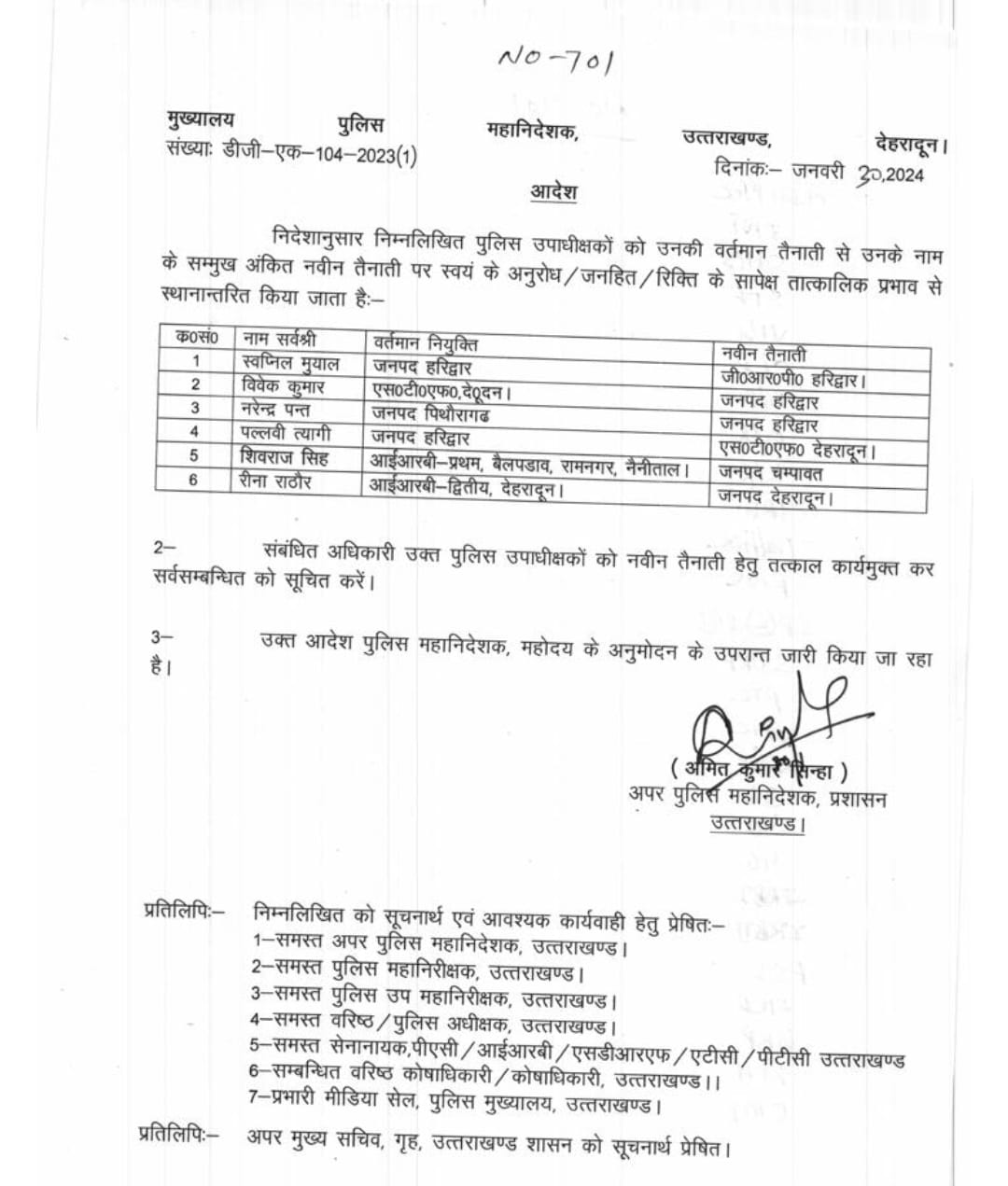 Transfer of Deputy Superintendents of Police